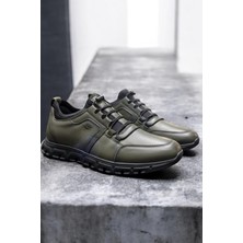 Zueofficial Erkek Haki Hakiki Deri Günlük Rahat Ayakkabı Deri Sneaker