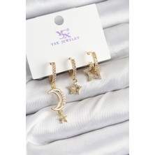 Taş Ve Oyun Atölyesi Taşveoyunatölyesi Pirinç Zirkon Taşlı Ay ve Hilal Model Gold Renk 3'lü Kadın Küpe TG27BKP10942
