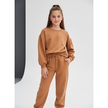 Stilera Kız Çocuk Baskılı Alt Üst Kalp Işlemeli Kahverengi Takım 11-14 Yaş