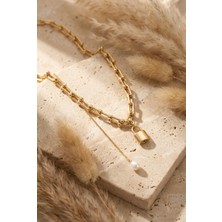 Lykos Çelik Gold Renk Tifany Zincir Model Kilit Figür Sallantı Inci Detay Kadın Kolye