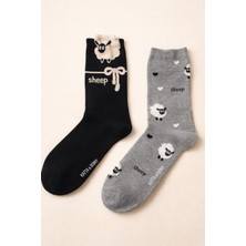 Kadın 2'li Kuzu Desenli Soket Çorap Gri Mix