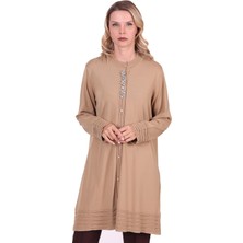 Invee Merdiven Triko Taşlı Hırka Camel
