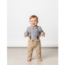 Bebeva Baby Erkek Bebek %100 Pamuklu Çizgili Hakim Yaka Gömlek ve Papyonlu Pantolon 2'li Takım - Mavi/bej