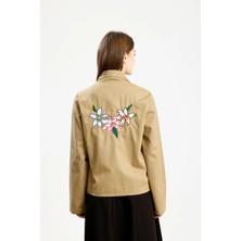Pamuklu Gabardin Nakışlı Fıt Ceket Hardal