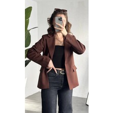 Asfa Moda Kadın Kahverengi Oversize Blazer Ceket Tek Düğmeli Klasik Ofis Ceketi Şık Günlük Kumaş Ceket