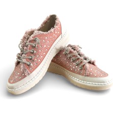 White Line Aria 2410 Kadın Taşlı Kot Sneaker Ayakkabı Pudra