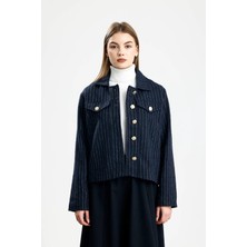 Pamuklu Kaşe Çizgili Fıt Ceket Lacivert