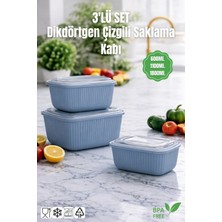 Nandy Home 3'lü Set Dikdörtgen Çizgili Mikrodalga ve Difrize Uygun Saklama Kabı -600/1100/1800ML.