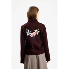 Pamuklu Gabardin Nakışlı Fıt Ceket Bordo
