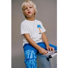 Magu Erkek Çocuk Pamuklu Beyaz Baskılı T-Shirt ve Mavi Eşofman Altı 2'li Takım