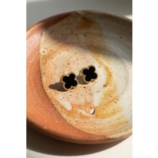 Lykos Çelik Gold Renk Siyah Yonca Model Kadın Küpe