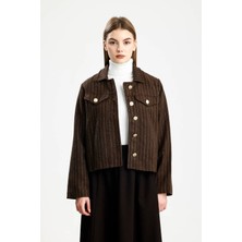 Pamuklu Kaşe Çizgili Fıt Ceket Kahve