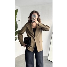 Asfa Moda Kadın Haki Oversize Blazer Ceket Tek Düğmeli Klasik Ofis Ceketi Şık Günlük Kumaş Ceket