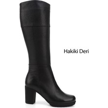 Gönderi(r) Kadın Siyah Floter Fermuarlı Kalın Topuklu Hakiki Deri Çizme