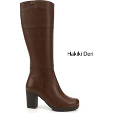 Gönderi(r) Kadın Kahve Floter Fermuarlı Kalın Topuklu Hakiki Deri Çizme