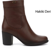 Gönderi(r) Kadın Kahve Floter Fermuarlı Kalın Topuklu Hakiki Deri Bot
