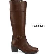 Gönderi(r) Kadın Kahve  Fermuarlı Kalın Topuklu Hakiki Deri Çizme