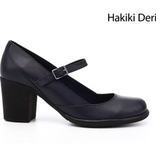 GÖNDERİ Kadın Lacivert  Kalın Topuklu Mary Jane Hakiki Deri Ayakkabı