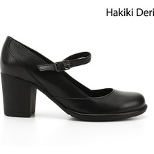 GÖNDERİ Kadın Siyah  Kalın Topuklu Mary Jane Hakiki Deri Ayakkabı