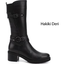 Gönderi(r) Kadın Siyah Fermuarlı Kalın Topuklu Hakiki Deri Çizme