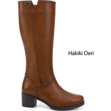 Gönderi(r) Kadın Taba Antik Fermuarlı Kalın Topuklu Hakiki Deri Çizme
