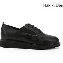 Gönderi(r) Kadın Siyah Bağcıklı Dolgu Taban Hakiki Deri Ayakkabı