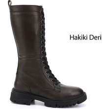 Gönderi(r) Kadın Haki Antik Fermuarlı Kalın Topuklu Hakiki Deri Postal Çizme