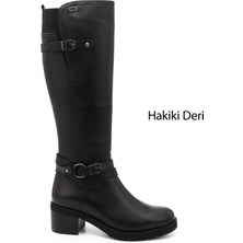 Gönderi(r) Kadın Siyah Fermuarlı Kalın Topuklu Hakiki Deri Çizme