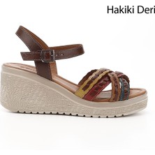 Gönderi(r) Kadın Kahveye Sarı Bilek Bağlı Dolgu Topuk Hakiki Deri Sandalet