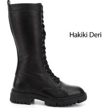 Gönderi(r) Kadın Siyah Floter Fermuarlı Kalın Topuklu Hakiki Deri Postal Çizme