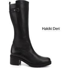 Gönderi(r) Kadın Siyah Fermuarlı Kalın Topuklu Hakiki Deri Çizme
