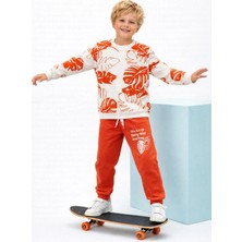 Buufuu Unisex Çocuk Yaprak Baskılı Uzun Kollu Eşofman Sweatshırt Takım