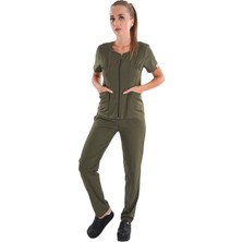 Prof Milan Haki Yeşili Renkli Fermuarlı Kadın Cerrahi Takım