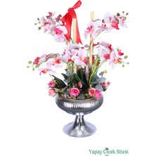 Yapay Çiçek Sitesi Yapay Metal Saksıda Lüks Orkide Aranjmanı Pembe