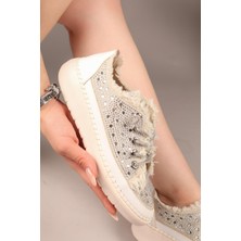White Line Aria 2410 Kadın Taşlı Kot Sneaker Ayakkabı Bej