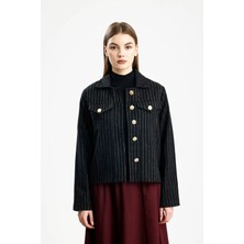 Pamuklu Kaşe Çizgili Fıt Ceket Siyah