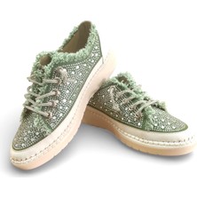 White Line Aria 2410 Kadın Taşlı Kot Sneaker Ayakkabı Yeşil