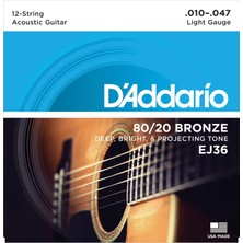 D'addario EJ36 80/20 Bronze 12 Telli Akustik Gitar Tel Seti - 10-47 Light (Profesyonel) | 12 Telli Gitar Uyumu, Zengin Koro Etkisi ve Parlak Akustik Sesler