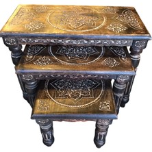 Otantik Çarşı Eskitme Ahşap Oymalı Zigon Sehpa