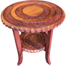 Otantik Çarşı Ahşap Oymalı Pirinç Kakmalı 2 Katlı Sehpa  44X44X47 Cm.