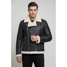 Deriderim Erkek Deri Kaban Uzun Kol Siyah Düz Tasarım Kısa Boy %100 Kuzu Kürk Malzeme