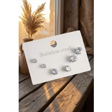 Lykos Çelik Gümüş Renk Zirkon Taşlı Kalp Model Kadın Küpe Seti