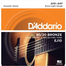 D'addario EJ10 80/20 Bronze Akustik Gitar Tel Seti - 10-47 Extra Light (Profesyonel) | Parlak ve Keskin Akustik Tını, Geleneksel Bronz Alaşım ve Üstün Projeksiyon