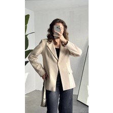 Asfa Moda Kadın Krem Oversize Blazer Ceket Tek Düğmeli Klasik Ofis Ceketi Şık Günlük Kumaş Ceket