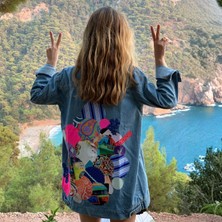 Arkası Yuvarlak Patchwork Detaylı Tasarım Kadın Kot Ceket, Kot Mont