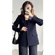 Asfa Moda Kadın Lacivert Oversize Blazer Ceket Tek Düğmeli Klasik Ofis Ceketi Şık Günlük Kumaş Ceket