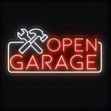 Biz Bu İşin Keyif Kısmındayız Open Garage Yazılı ve Şekilli Neon Tabela