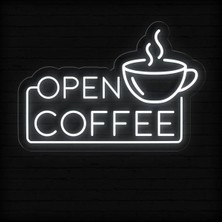 Biz Bu İşin Keyif Kısmındayız Open Coffee Yazılı ve Şekilli Neon Tabela