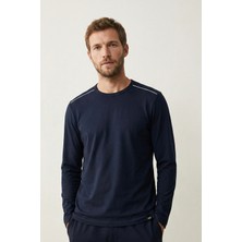 elemge %100 Pamuk Süprem Uzun Kollu Pijama Üstü Erkek T-Shirt Compact Penye Rahat Kalıp Tok Kumaş Lacivert