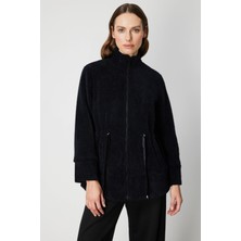 On Fashion Kadın Beli Bağcıklı Dik Yaka Siyah Mont 66721